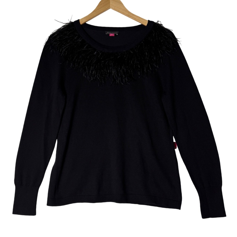 Vince‎ Camuto Womens Medium Black Feather Trim Sweater Holiday Party Statement